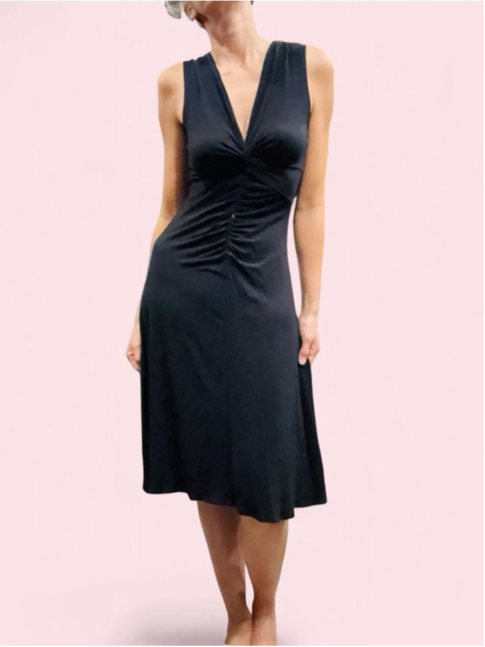 Laundry by Shelli Segal Black Ruched Midi Dress XS Deep V Neck Stretch Jersey